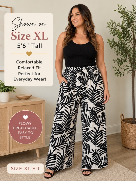H&M Pants - H & M Black & ivory Tropical Leaf Pants US XL